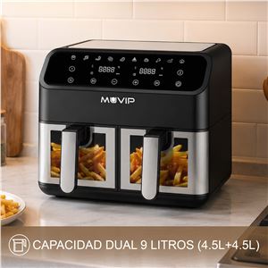 FREIDORA AIRE CALIENTE AIRCOOK DUAL 9 LITROS (4.5L+4.5L) CON VENTANA MUVIP - MV0703-3