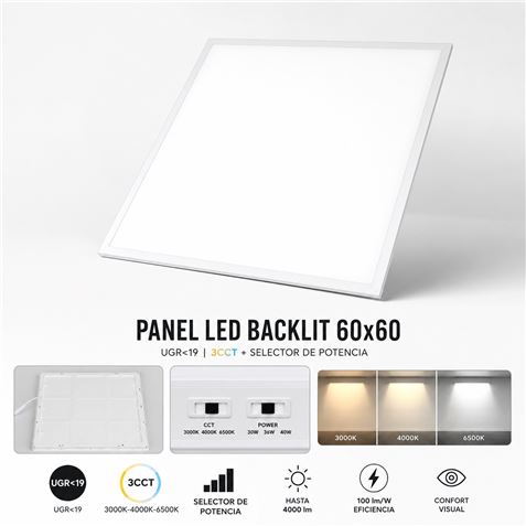 PANEL LED 60X60 BLACKLIT UGR<19 3CCT + SELECTOR DE POTENCIA ELBAT - EB0606
