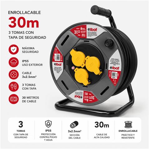 ENROLLADOR DE CABLE PROREEL HEAVY DUTY 30 METROS CABLE 3X2.5MM IP55 ELBAT - EB0587