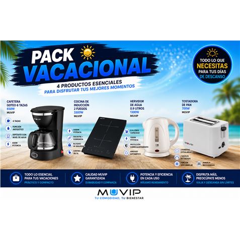 PACK VACACIONAL COCINA INDUCCION + CAFETERA + HERVIDOR + TOSTADORA MUVIP