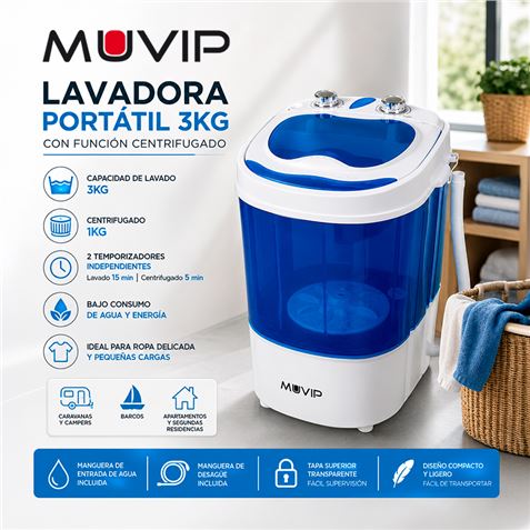 LAVADORA PORTÁTIL 3KG 220V 150W CON FUNCIÓN CENTRIFUGADO MUVIP - MV0706