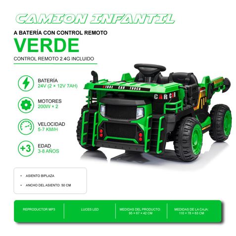 CAMION INFANTIL A BATERIA CON PLATAFORMA DE CARGA VERDE - 33045