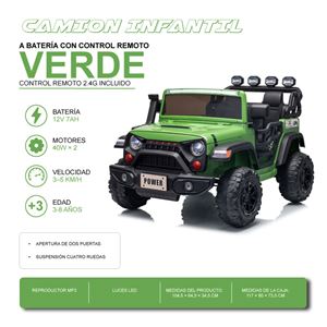COCHE INFANTIL A BATERIA CON CONTROL REMOTO JEEP 4X4 VERDE - 33055