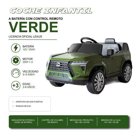 COCHE INFANTIL A BATERIA CON CONTROL REMOTO LEXUS GX550 VERDE - 33023