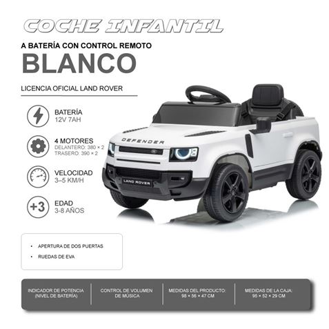 COCHE INFANTIL A BATERIA CON CONTROL REMOTO LAND ROVER DEFENDER BLANCO - 33026