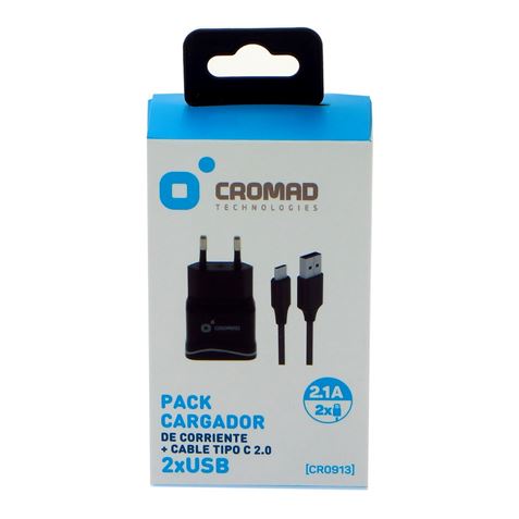 PACK CARGADOR CORRIENTE 2.1A + CABLE TIPO C 2.0 CROMAD - CR0913-2 PACK CARGADOR CORRIENTE 2.1A + CABLE TIPO C 2.0 CROMAD - CR0913-2