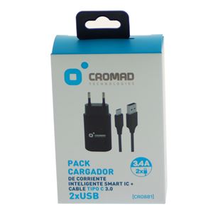 PACK CARGADOR CORRIENTE 3.4A + CABLE TIPO C 3.0 CROMAD - CR0881-3