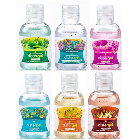 PACK EXPOSITOR + 24 GELES 50ML HIDROALCOHÓLICOS JOJOBA + GLICERINA 6 AROMAS - DISTERGEL50-2