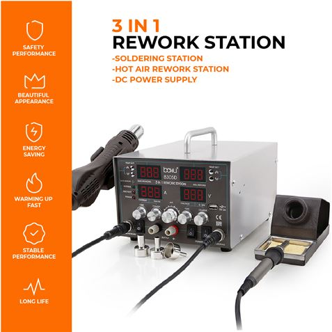 ESTACION DE SOLDADURA Y PISTOLA DE AIRE CALIENTE 900W (3 EN 1) BAKU-8305D - 53921-3