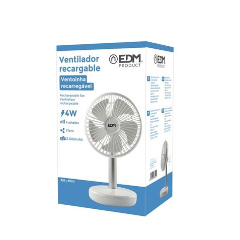 VENTILADOR SOBREMESA RECARGABLE BLANCO 5W | ASPAS 17CM EDM - 33501_1