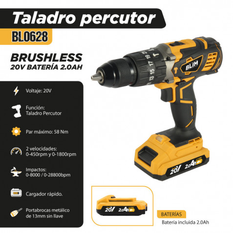 TALADRO PERCUTOR 20V BATERIA 2AH BLIM