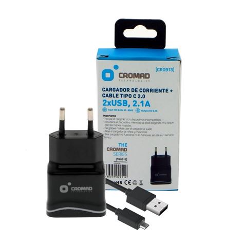 PACK CARGADOR CORRIENTE 2.1A + CABLE TIPO C 2.0 CROMAD - CR0913-3 PACK CARGADOR CORRIENTE 2.1A + CABLE TIPO C 2.0 CROMAD - CR0913-3